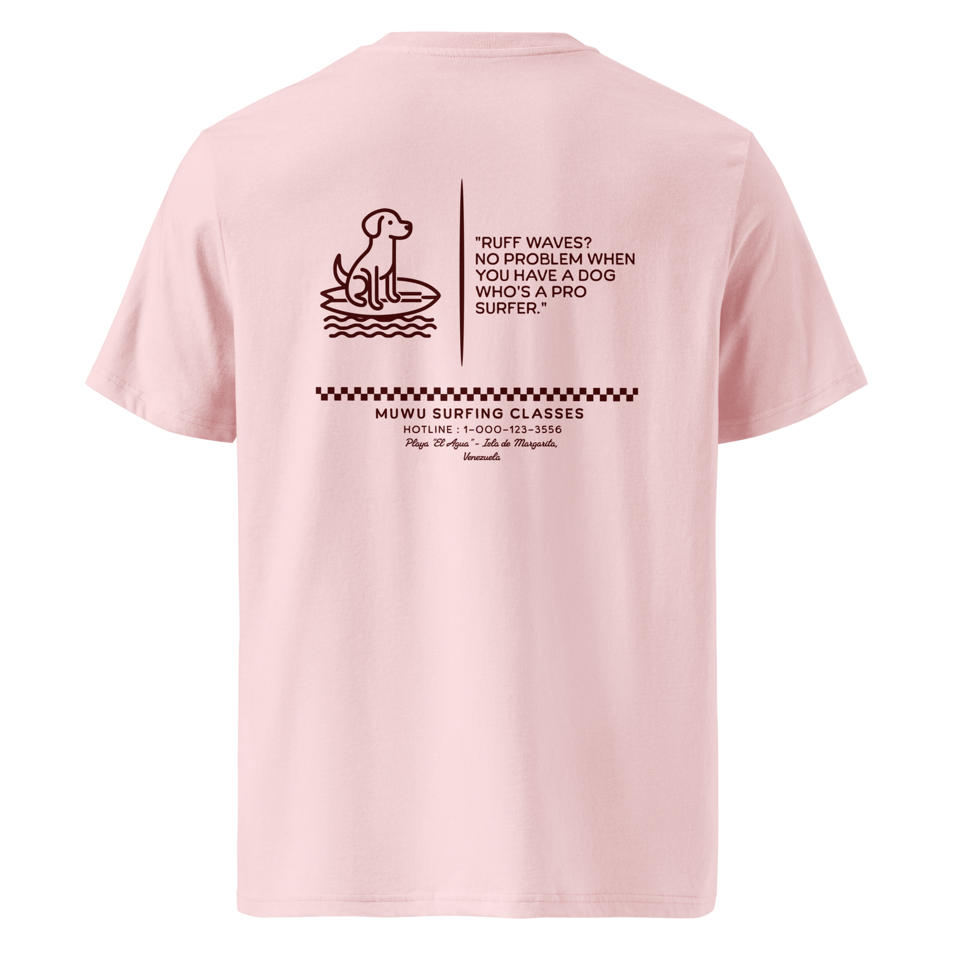 Muwus Beach tees collection Surfing Doggo cotton pink back