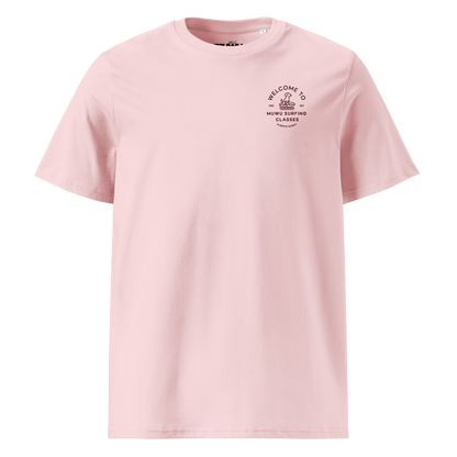 Muwus Beach tees collection Surfing Doggo cotton pink front