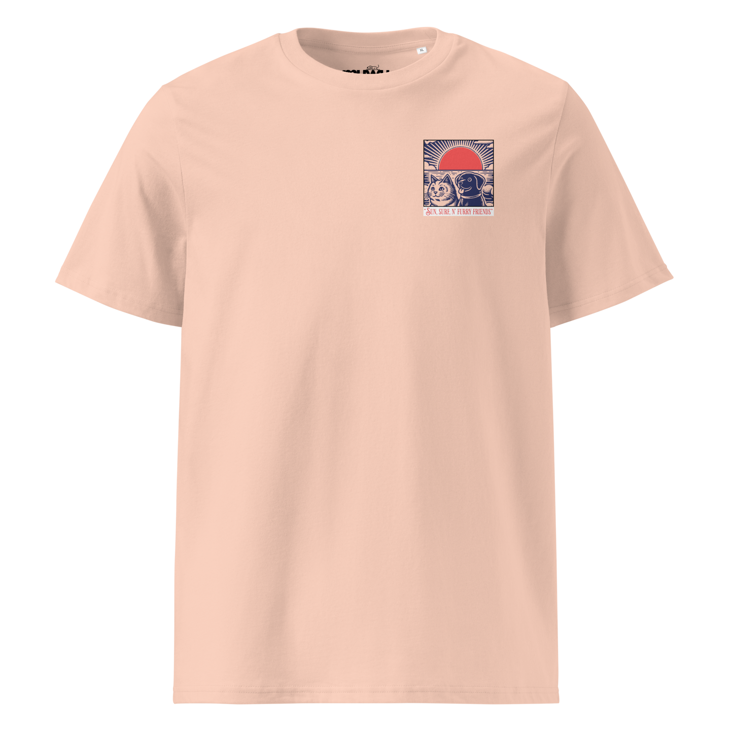 Muwus Beach tees collection Sunset With Furries fraiche peche front